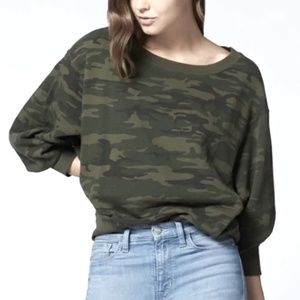 EUC Sanctuary Wide Neck Ruched Sleeve Camo Sweatshirt Size Medium